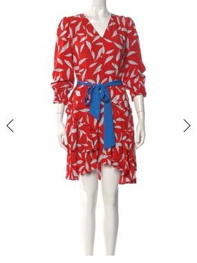 Diane Von Furstenberg Red Leaf-Print Dress with Blue Trim